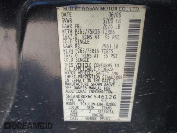 2006 Nissan Xterra SE with VIN 5N1AN08UX6C546126, listed as a IAAI auction lot 41772816 with 206,358 mi miles and . Bid and sale history available at carsss.com. Image 9.