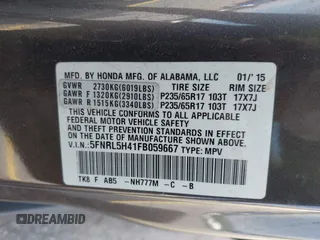 2015 Honda Odyssey EX z VIN 5FNRL5H41FB059667, wystawiony jako IAAI lot #42274039 z przebiegiem 196 687 mil mil oraz . Historia ofert i sprzedaży dostępna na DreamBid. Obrazek 9.