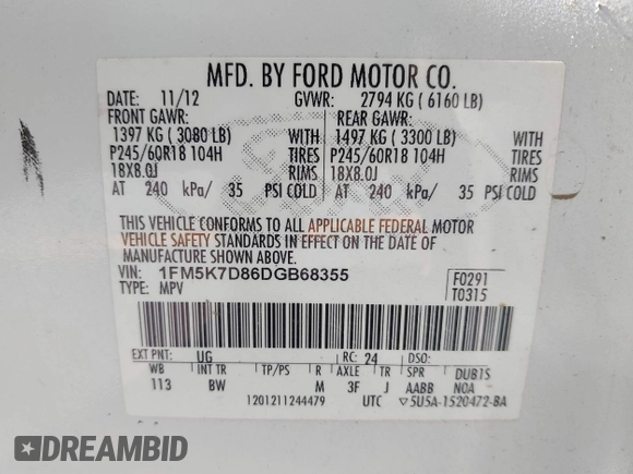 2013 Ford Explorer XLT с VIN 1FM5K7D86DGB68355, выставлен на аукционе IAAI как лот 41767305 с пробегом 161 366 миль миль и . История ставок и продаж доступна на DreamBid. Изображение 9.