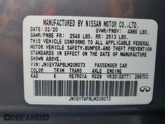 2020 Infiniti Q50 Luxe with VIN JN1EV7AP8LM208073, listed as a Copart auction lot 60069265 with 21,787 mi miles and Salvage title. Bid and sale history available at DreamBid. Image 13.