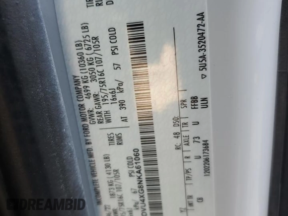 2022 Ford Transit with VIN 1FDVU4XG8NKA61060, listed as a Copart auction lot 86048524 with 33,522 mi miles and Salvage Title. Bid and sale history available at DreamBid. Image 14.