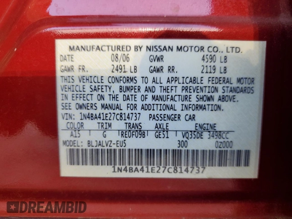 2007 Nissan Maxima 3.5 SE with VIN 1N4BA41E27C814737, listed as a Copart auction lot 78911224 with 128,768 mi miles and Salvage Title. Bid and sale history available at carsss.com. Image 12.
