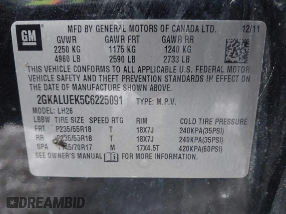 2012 GMC Terrain SLT-1 with VIN 2GKALUEK5C6225091, listed as a IAAI auction lot 41073151 with 129,989 mi miles and . Bid and sale history available at carsss.com. Image 9.