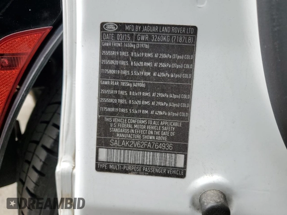 2015 Land Rover LR4 Lux with VIN SALAK2V62FA764936, listed as a Copart auction lot 49052755 with 128,559 mi miles and Salvage Title. Bid and sale history available at DreamBid. Image 14.