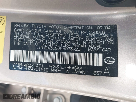2005 Lexus ES 330 with VIN JTHBA30G255073920, listed as a IAAI auction lot 41886960 with 118,848 mi miles. Bid and sale history available at carsss.com. Image 9.