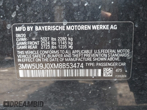 2021 BMW 3 Series M340i xDrive with VIN 3MW5U9J0XM8B53474, listed as a IAAI auction lot 39952984 with 55,938 mi miles. Bid and sale history available at carsss.com. Image 9.