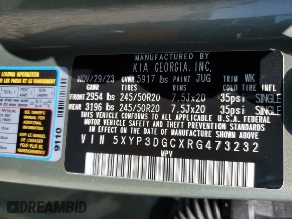 2024 Kia Telluride EX with VIN 5XYP3DGCXRG473232, listed as a Copart auction lot 52241595 with 14,757 mi miles and Salvage title. Bid and sale history available at DreamBid. Image 13.