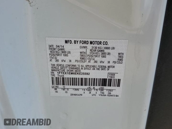 2014 Ford F-150 XL z VIN 1FTEX1EM6EKE25592, wystawiony jako Copart lot #55648365 z przebiegiem 105 736 mil mil oraz Szkoda całkowita • Salvage title. Historia ofert i sprzedaży dostępna na DreamBid. Obrazek 12.