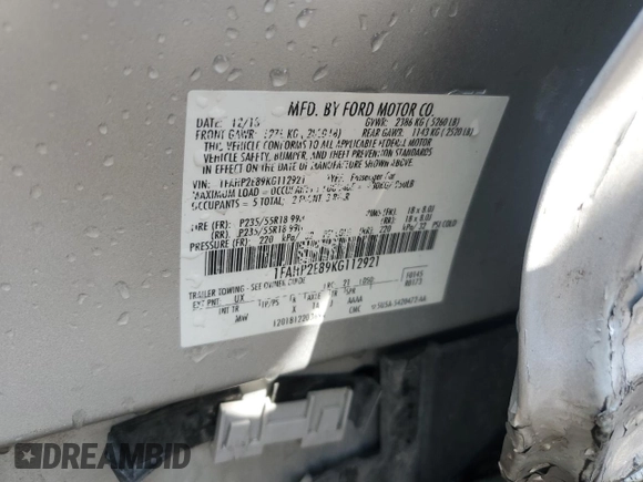 2019 Ford Taurus SEL z VIN 1FAHP2E89KG112921, wystawiony jako Copart lot #55276585 z przebiegiem 78 509 mil mil oraz Szkoda całkowita • Salvage title. Historia ofert i sprzedaży dostępna na DreamBid. Obrazek 12.