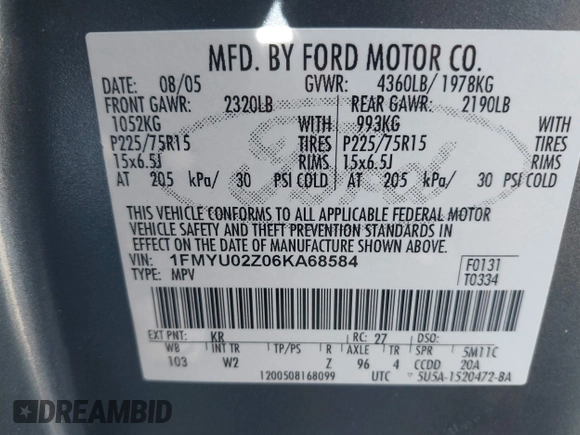 2006 Ford Escape XLS with VIN 1FMYU02Z06KA68584, listed as a IAAI auction lot 41887104 with 257,855 mi miles and . Bid and sale history available at DreamBid. Image 9.