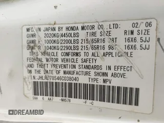 2006 Honda CR-V LX with VIN JHLRD78546C038040, listed as a IAAI auction lot 42196762 with 339,498 mi miles and . Bid and sale history available at carsss.com. Image 9.