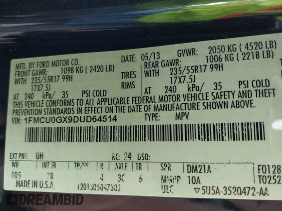 2013 Ford Escape SE with VIN 1FMCU0GX9DUD64514, listed as a IAAI auction lot 42120601 with 193,415 mi miles and . Bid and sale history available at carsss.com. Image 9.
