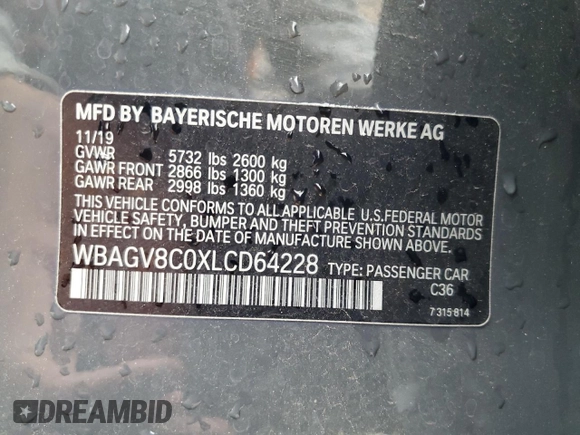 2020 BMW 8 Series M850i with VIN WBAGV8C0XLCD64228, listed as a Copart auction lot 60908315 with 67,643 mi miles and Salvage title. Bid and sale history available at DreamBid. Image 13.