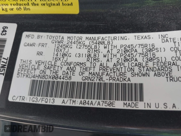 2013 Toyota Tacoma PreRunner with VIN 5TFKU4HN8DX004458, listed as a IAAI auction lot 42371898 with 142,532 mi miles and . Bid and sale history available at DreamBid. Image 9.