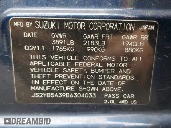 2011 Suzuki SX4 Crossover with VIN JS2YB5A39B6304033, listed as a Copart auction lot 49991965 with 66,654 mi miles and Salvage Title. Bid and sale history available at carsss.com. Image 12.