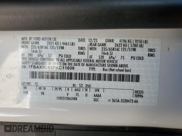 2023 Ford Transit Passenger XL with VIN 1FBAX9C85PKC11039, listed as a Copart auction lot 88472055 with 8,569 mi miles and Salvage Title. Bid and sale history available at DreamBid. Image 13.