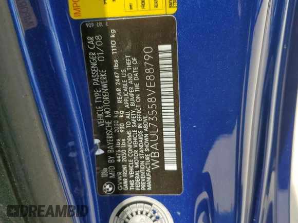 2008 BMW 1 Series 128i with VIN WBAUL73558VE88790, listed as a Copart auction lot 64475705 with 91,286 mi miles and Salvage title. Bid and sale history available at DreamBid. Image 12.