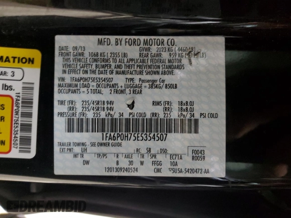 2014 Ford Fusion SE with VIN 1FA6P0H75E5354507, listed as a Copart auction lot 55452035 with 138,104 mi miles and Salvage Title. Bid and sale history available at DreamBid. Image 12.