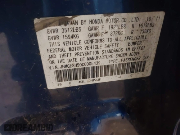 2012 Honda Fit Sport с VIN JHMGE8H50CC005439, выставлен на аукционе IAAI как лот 42458382 с пробегом 197 750 миль миль и . История ставок и продаж доступна на DreamBid. Изображение 9.