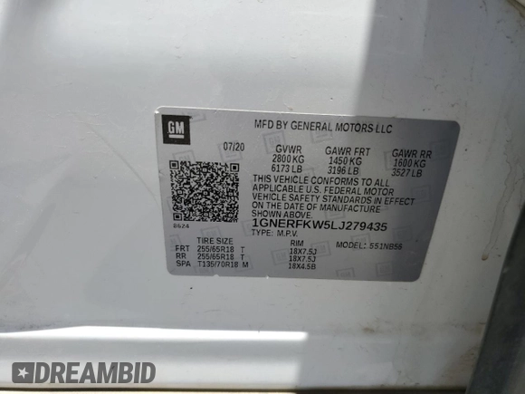 2020 Chevrolet Traverse LS with VIN 1GNERFKW5LJ279435, listed as a Copart auction lot 60901925 with 197,558 mi miles and Salvage title. Bid and sale history available at DreamBid. Image 13.