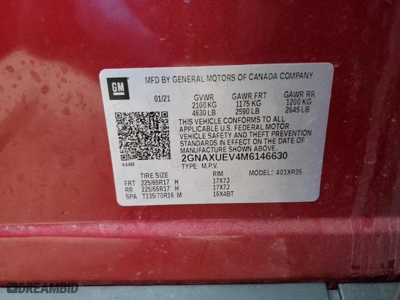 2021 Chevrolet Equinox LT with VIN 2GNAXUEV4M6146630, listed as a Copart auction lot 43175515 with 89,836 mi miles and Salvage Title. Bid and sale history available at carsss.com. Image 13.