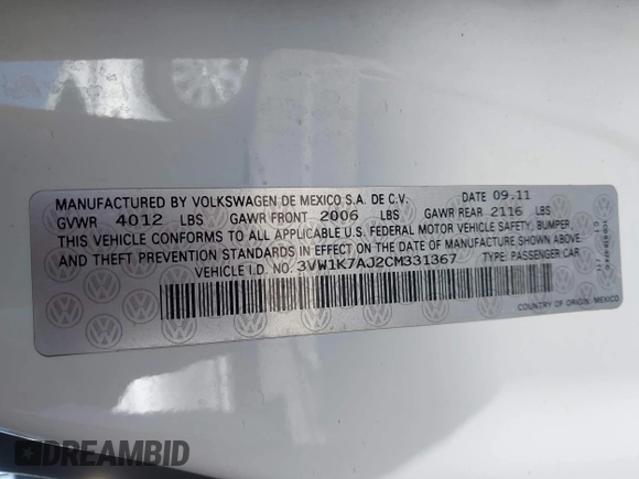 2012 Volkswagen Jetta S z VIN 3VW1K7AJ2CM331367, wystawiony jako IAAI lot #42294252 z przebiegiem 162 373 mil mil oraz . Historia ofert i sprzedaży dostępna na DreamBid. Obrazek 9.
