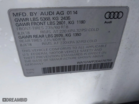 2014 Audi Q5 Premium Plus with VIN WA1LFAFP2EA076756, listed as a IAAI auction lot 41429593 with 134,592 mi miles. Bid and sale history available at carsss.com. Image 9.