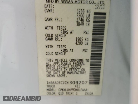 2012 Nissan Titan SV z VIN 1N6BA0EC2CN309207, wystawiony jako Copart lot #60451435 z przebiegiem 124 900 mil mil oraz Szkoda całkowita • Salvage title. Historia ofert i sprzedaży dostępna na DreamBid. Obrazek 12.