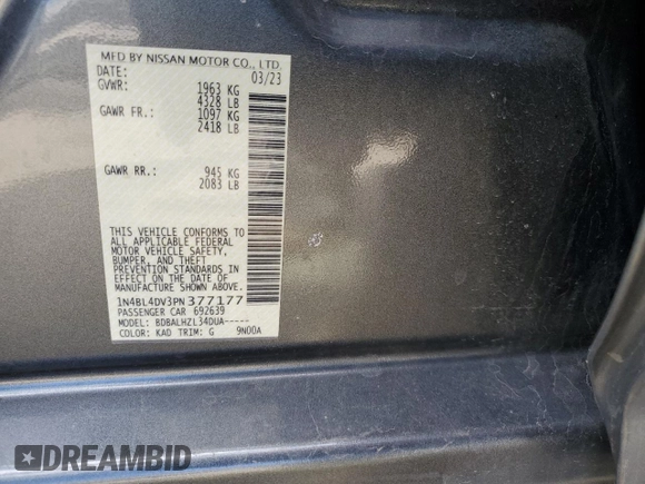 2023 Nissan Altima 2.5 SV with VIN 1N4BL4DV3PN377177, listed as a Copart auction lot 45233455 with 47,031 mi miles and Salvage Title. Bid and sale history available at carsss.com. Image 12.