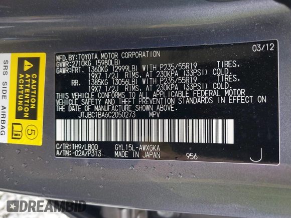 2012 Lexus RX 450h с VIN JTJBC1BA6C2050273, выставлен на аукционе IAAI как лот 42303105 с пробегом 76 773 миль миль и . История ставок и продаж доступна на DreamBid. Изображение 9.