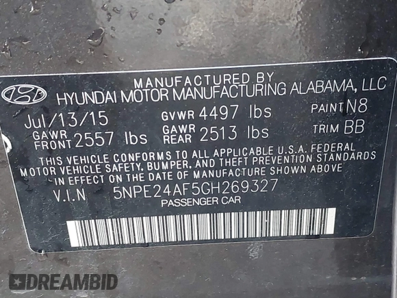 2016 Hyundai Sonata SE z VIN 5NPE24AF5GH269327, wystawiony jako IAAI lot #41810855 z przebiegiem 120 379 mil mil oraz . Historia ofert i sprzedaży dostępna na DreamBid. Obrazek 9.