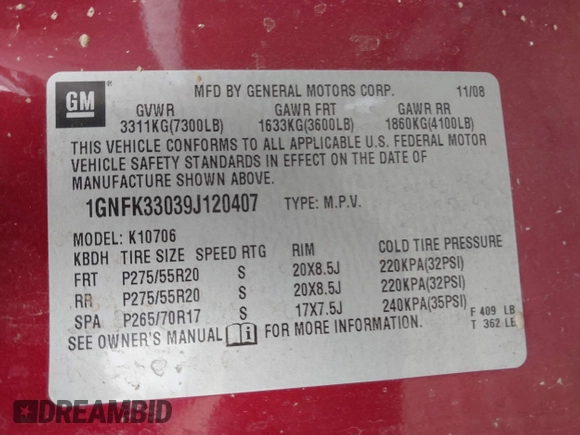 2009 Chevrolet Tahoe LTZ with VIN 1GNFK33039J120407, listed as a IAAI auction lot 39586085 with 247,429 mi miles and . Bid and sale history available at DreamBid. Image 9.