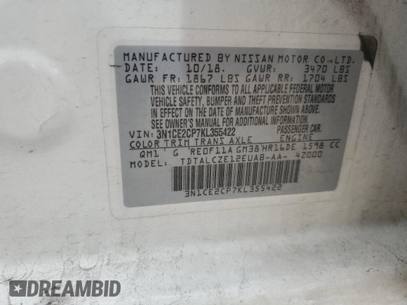 2019 Nissan Note SV with VIN 3N1CE2CP7KL355422, listed as a Copart auction lot 54686145 with 64,989 mi miles and Clean Title. Bid and sale history available at DreamBid. Image 12.