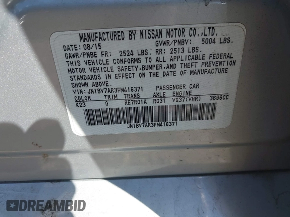 2015 Infiniti Q50 with VIN JN1BV7AR3FM416371, listed as a IAAI auction lot 42036139 with 76,239 mi miles and . Bid and sale history available at DreamBid. Image 9.