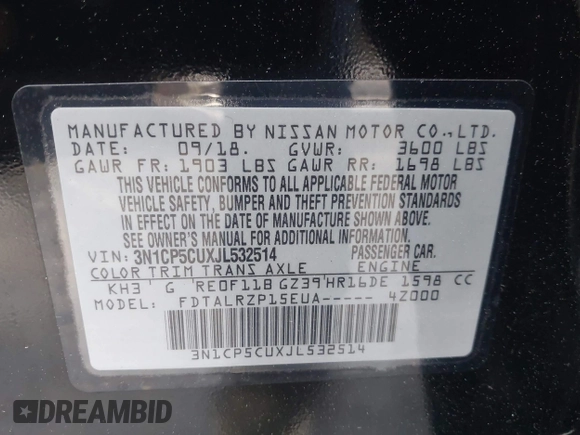2018 Nissan Kicks S with VIN 3N1CP5CUXJL532514, listed as a IAAI auction lot 41919694 with 30,431 mi miles and . Bid and sale history available at carsss.com. Image 9.