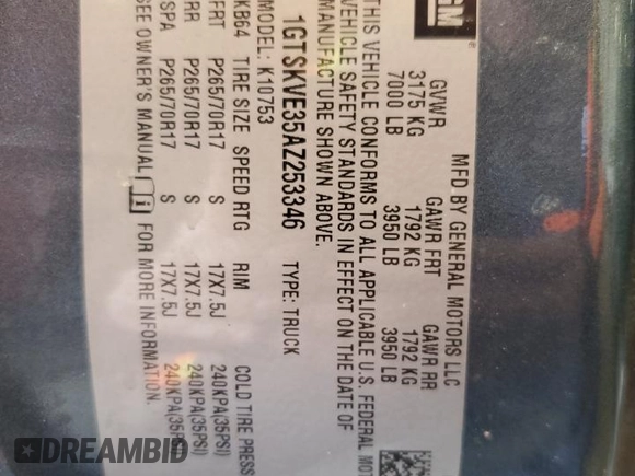 2010 GMC Sierra 1500 SLE z VIN 1GTSKVE35AZ253346, wystawiony jako Copart lot #48703275 z przebiegiem Nie podano mil oraz Nie do naprawy • Non repairable. Historia ofert i sprzedaży dostępna na DreamBid. Obrazek 13.