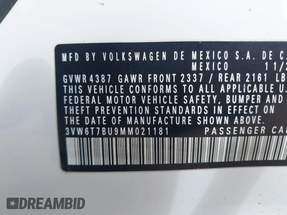 2021 Volkswagen Jetta GLI S with VIN 3VW6T7BU9MM021181, listed as a IAAI auction lot 41587180 with 49,058 mi miles and . Bid and sale history available at DreamBid. Image 9.