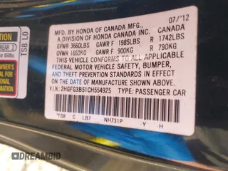 2012 Honda Civic Cpe LX with VIN 2HGFG3B51CH554925, listed as a IAAI auction lot 42122563 with 180,874 mi miles. Bid and sale history available at carsss.com. Image 9.