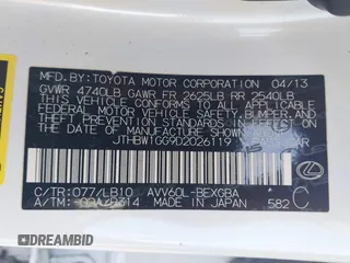 2013 Lexus ES 300h with VIN JTHBW1GG9D2026119, listed as a IAAI auction lot 42199139 with 187,412 mi miles and . Bid and sale history available at DreamBid. Image 9.