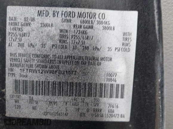2008 Ford F-150 XL с VIN 1FTRW12W98FB31577, выставлен на аукционе IAAI как лот 42303789 с пробегом 130 705 миль миль и . История ставок и продаж доступна на DreamBid. Изображение 9.