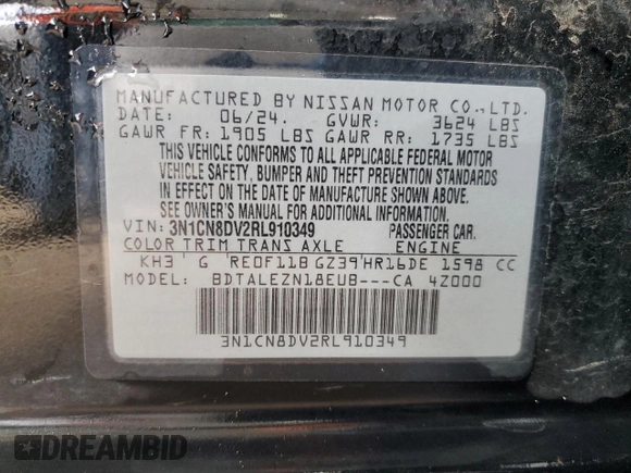2024 Nissan Versa S с VIN 3N1CN8DV2RL910349, выставлен на аукционе Copart как лот 59301845 с пробегом 16 297 миль миль и Чистый • Clean title. История ставок и продаж доступна на DreamBid. Изображение 12.