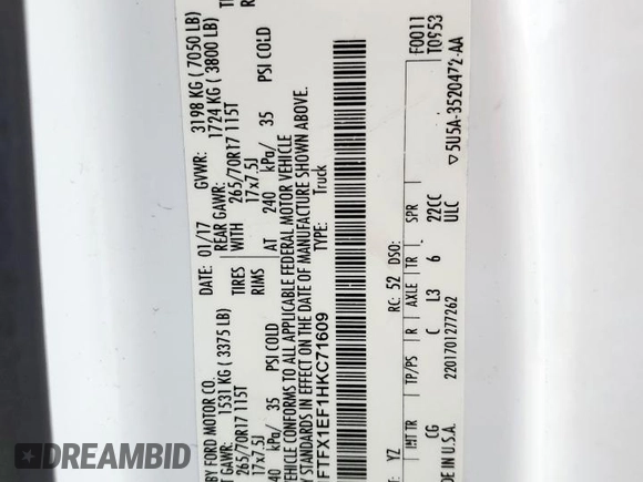 2017 Ford F-150 XL с VIN 1FTFX1EF1HKC71609, выставлен на аукционе Copart как лот 59606385 с пробегом Не указан миль и Списание • Salvage title. История ставок и продаж доступна на DreamBid. Изображение 12.
