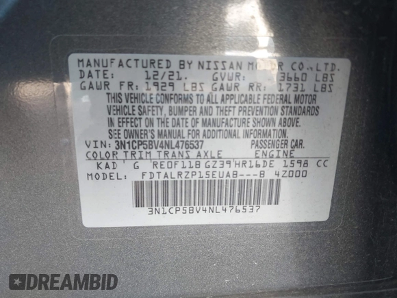 2022 Nissan Kicks S with VIN 3N1CP5BV4NL476537, listed as a IAAI auction lot 41316056 with 62,449 mi miles and . Bid and sale history available at carsss.com. Image 9.