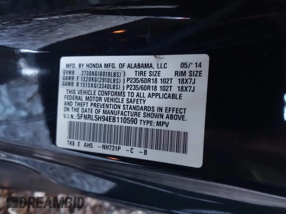 2014 Honda Odyssey Touring with VIN 5FNRL5H94EB110590, listed as a IAAI auction lot 42092929 with 242,338 mi miles and . Bid and sale history available at DreamBid. Image 9.