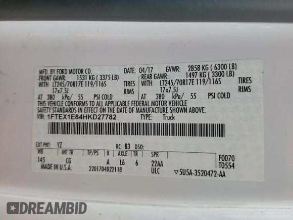 2017 Ford F-150 XL z VIN 1FTEX1E84HKD27782, wystawiony jako Copart lot #57917685 z przebiegiem 120 154 mil mil oraz Szkoda całkowita • Salvage title. Historia ofert i sprzedaży dostępna na DreamBid. Obrazek 13.