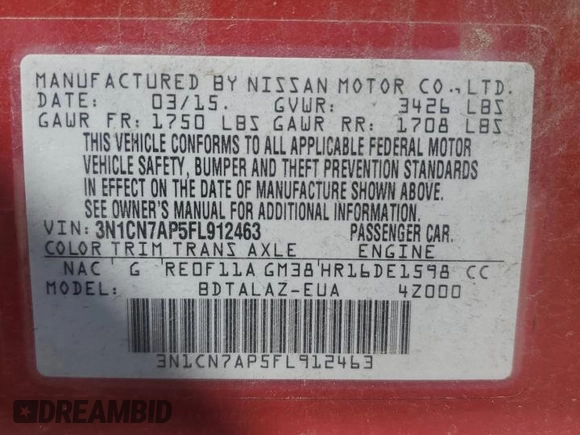 2015 Nissan Versa S Plus with VIN 3N1CN7AP5FL912463, listed as a Copart auction lot 48144495 with 100,960 mi miles and Salvage Title. Bid and sale history available at carsss.com. Image 14.