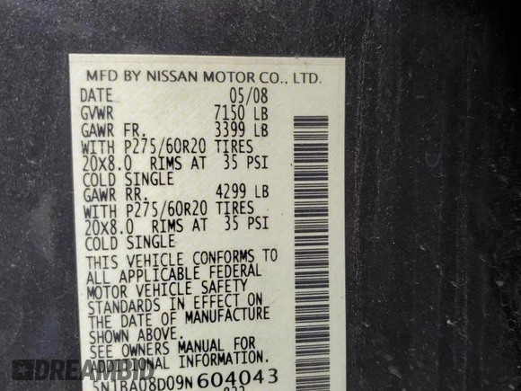 2009 Nissan Armada SE z VIN 5N1BA08D09N604043, wystawiony jako Copart lot #46001675 z przebiegiem 205 996 mil mil oraz Szkoda całkowita • Salvage title. Historia ofert i sprzedaży dostępna na DreamBid. Obrazek 13.
