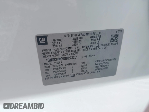 2016 Chevrolet Suburban LT with VIN 1GNSCHKC9GR273201, listed as a IAAI auction lot 41743971 with 180,945 mi miles. Bid and sale history available at carsss.com. Image 9.