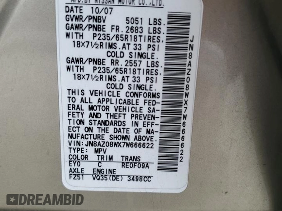 2007 Nissan Murano SL z VIN JN8AZ08WX7W666622, wystawiony jako Copart lot #54069455 z przebiegiem 219 483 mil mil oraz Szkoda całkowita • Salvage title. Historia ofert i sprzedaży dostępna na DreamBid. Obrazek 14.