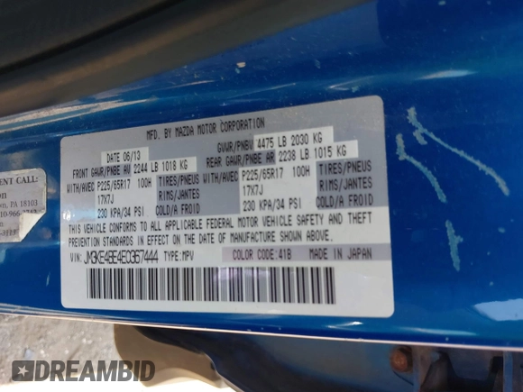 2014 Mazda CX-5 Sport z VIN JM3KE4BE4E0367444, wystawiony jako IAAI lot #42431272 z przebiegiem 181 191 mil mil oraz . Historia ofert i sprzedaży dostępna na DreamBid. Obrazek 9.